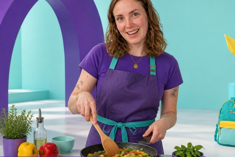 KI-Porträt einer Frau beim Kochen in Merck-Unternehmensfarben mit MyGrowth-Eventlayout