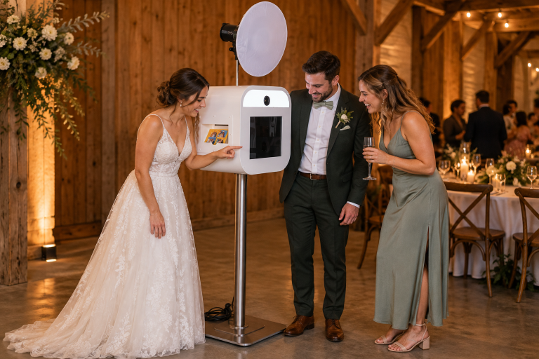 Brautpaar und Gästin neben einer weißen Fotobox