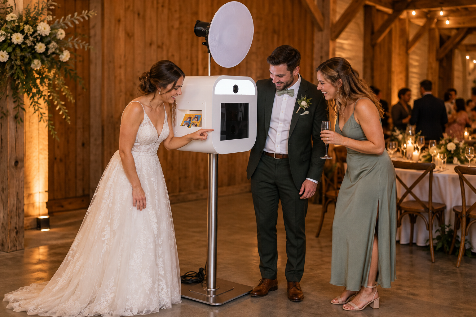 Brautpaar und Gästin neben einer weißen Fotobox in einer festlich geschmückten Scheune
