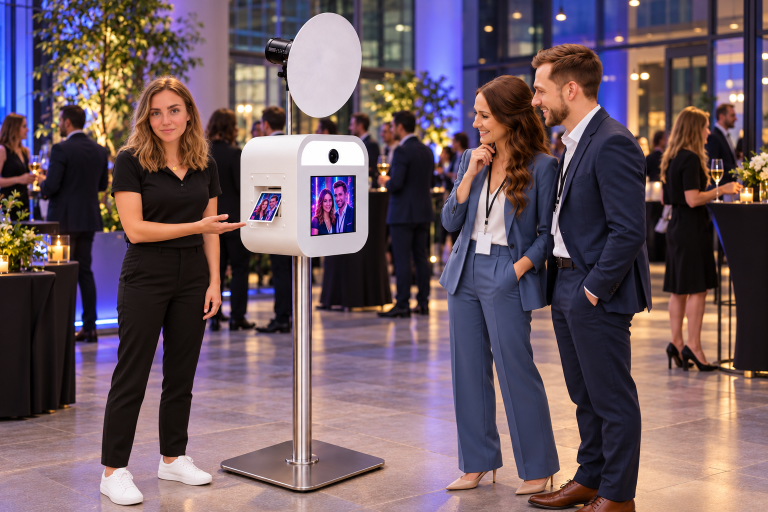 Illustration einer betreuten KI-Fotobox mit zwei Gästen bei einem Firmenevent