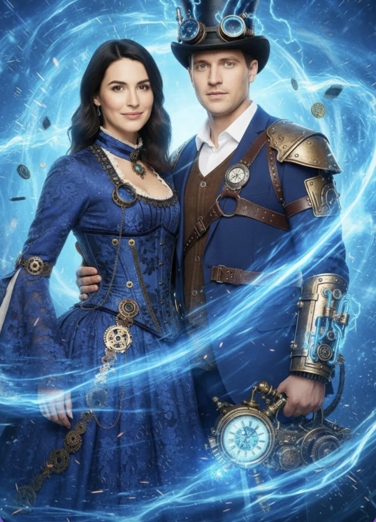 KI-Porträt eines Paares in blauen Steampunk-Kostümen mit Zahnrädern und leuchtendem Zeitportal