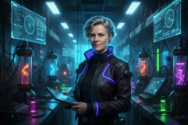 KI-Porträt einer Frau mit Tablet und leuchtender Jacke in einem futuristischen Labor