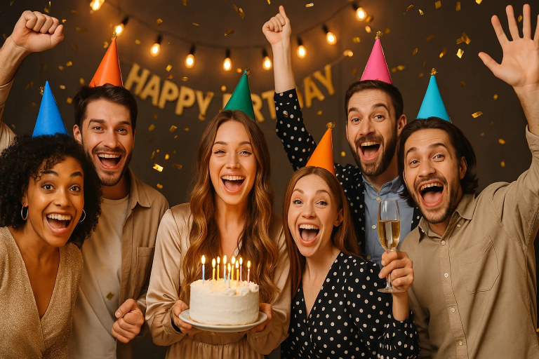 Geburtstagsgäste mit Partyhüten und Fotoaccessoires vor einem festlich beleuchteten Hintergrund