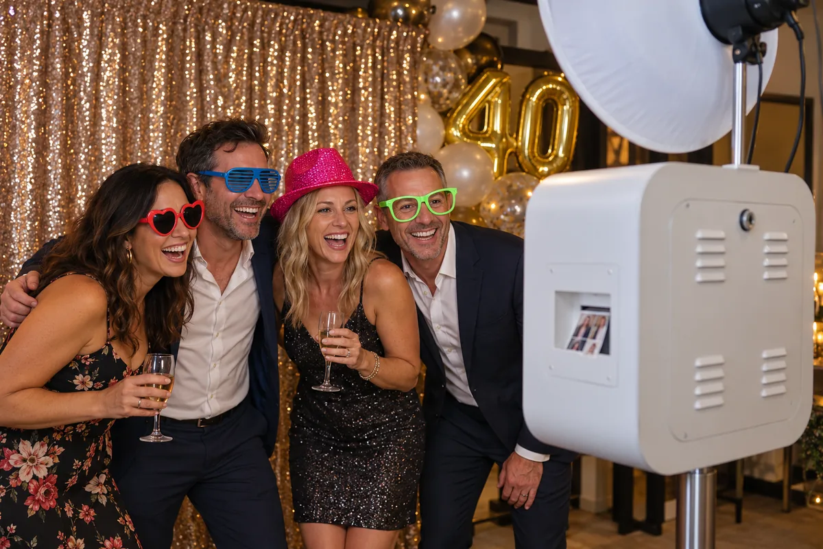 Freunde mit bunten Partybrillen vor einer weißen Fotobox und einem goldenen Paillettenhintergrund zum 40. Geburtstag