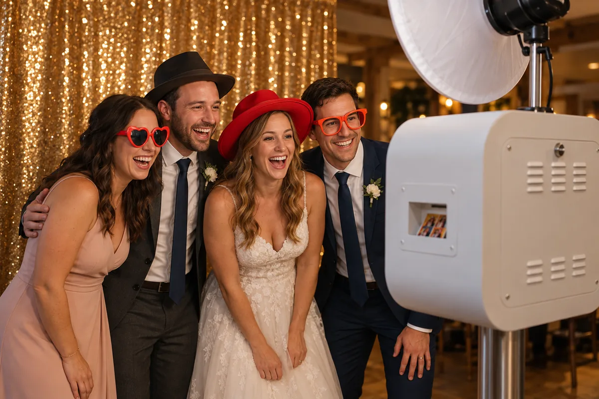 Brautpaar und Hochzeitsgäste mit Accessoires an einer weißen Fotobox vor einem goldenen Paillettenhintergrund